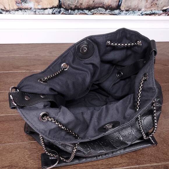 Skull Embossed Bucket Bag Tote Black Shopper Purse Chain Gothic Punk Alternative - Picture 3 of 11
